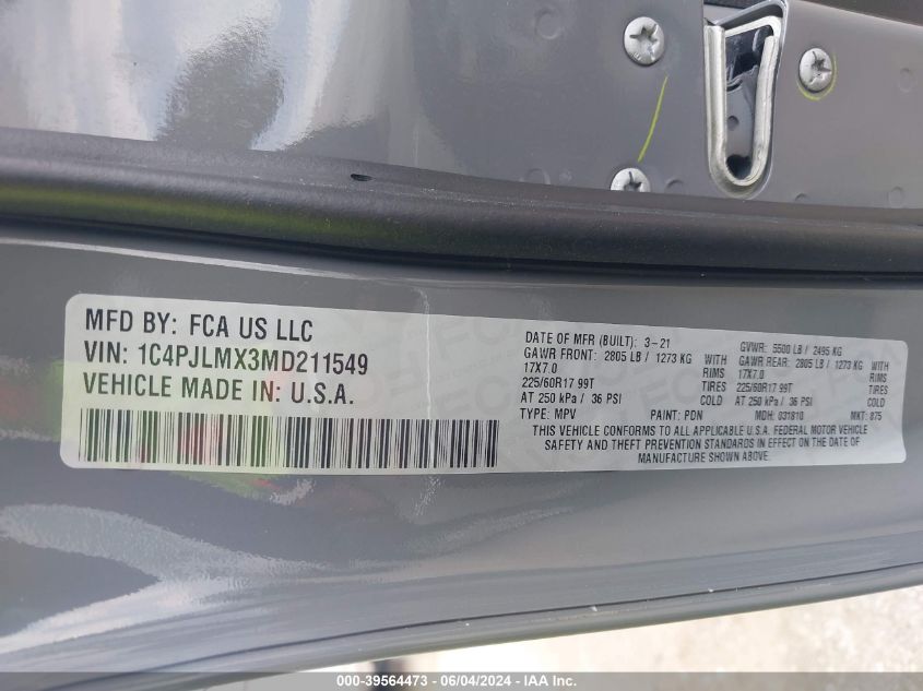 2021 Jeep Cherokee Latitude Lux Fwd VIN: 1C4PJLMX3MD211549 Lot: 39564473