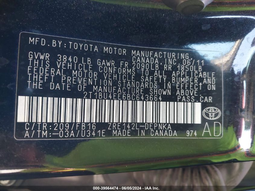 2011 Toyota Corolla Le VIN: 2T1BU4EE6BC643664 Lot: 39564474