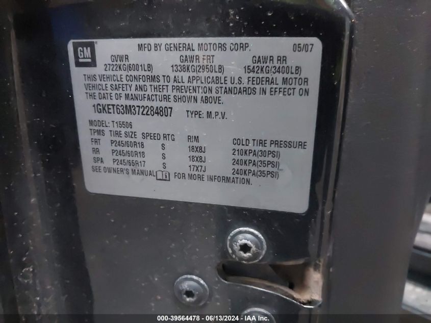 2007 GMC Envoy Denali VIN: 1GKET63M372284807 Lot: 39564478