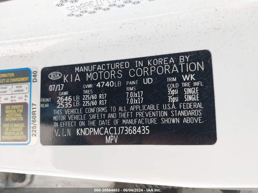 2018 Kia Sportage Lx VIN: KNDPMCAC1J7368435 Lot: 39564483