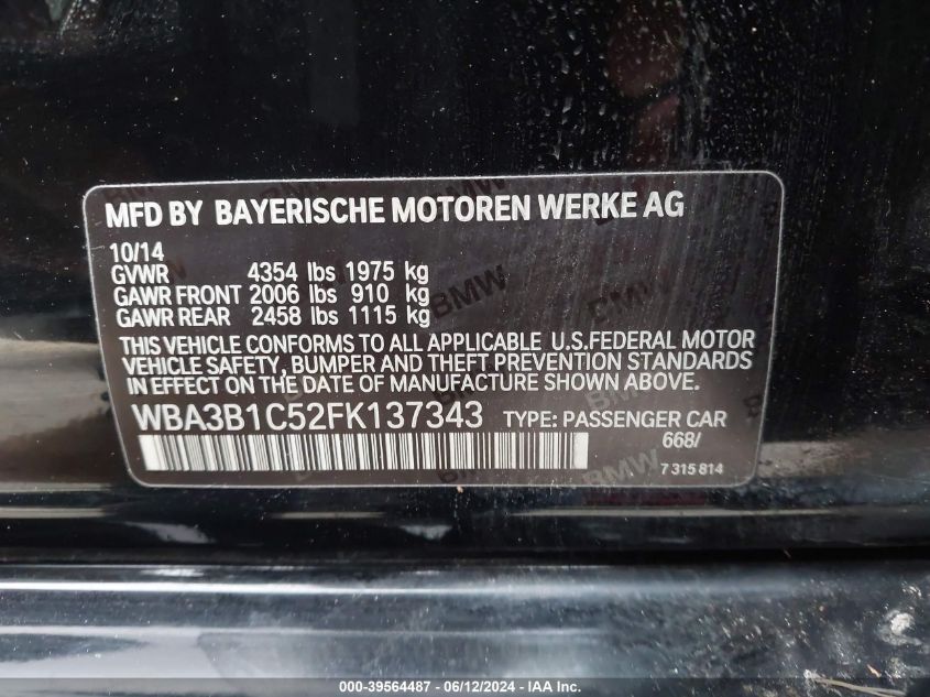 2015 BMW 320I VIN: WBA3B1C52FK137343 Lot: 39564487
