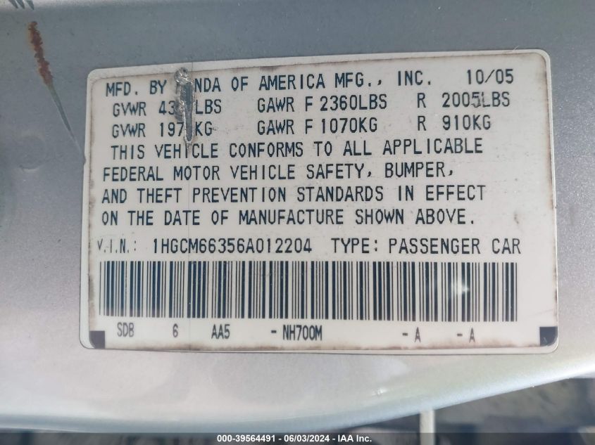 2006 Honda Accord 3.0 Lx VIN: 1HGCM66356A012204 Lot: 39564491