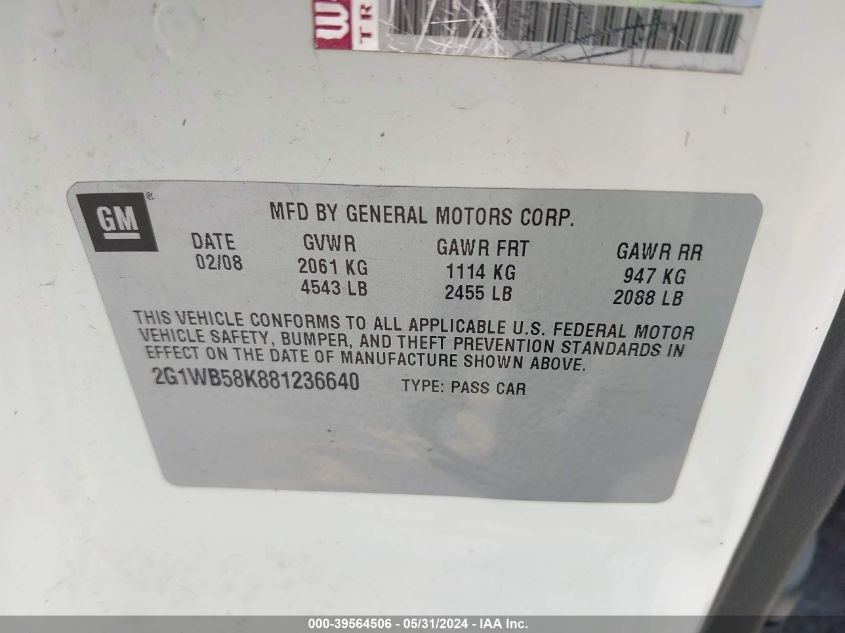 2008 Chevrolet Impala Ls VIN: 2G1WB58K881236640 Lot: 39564506
