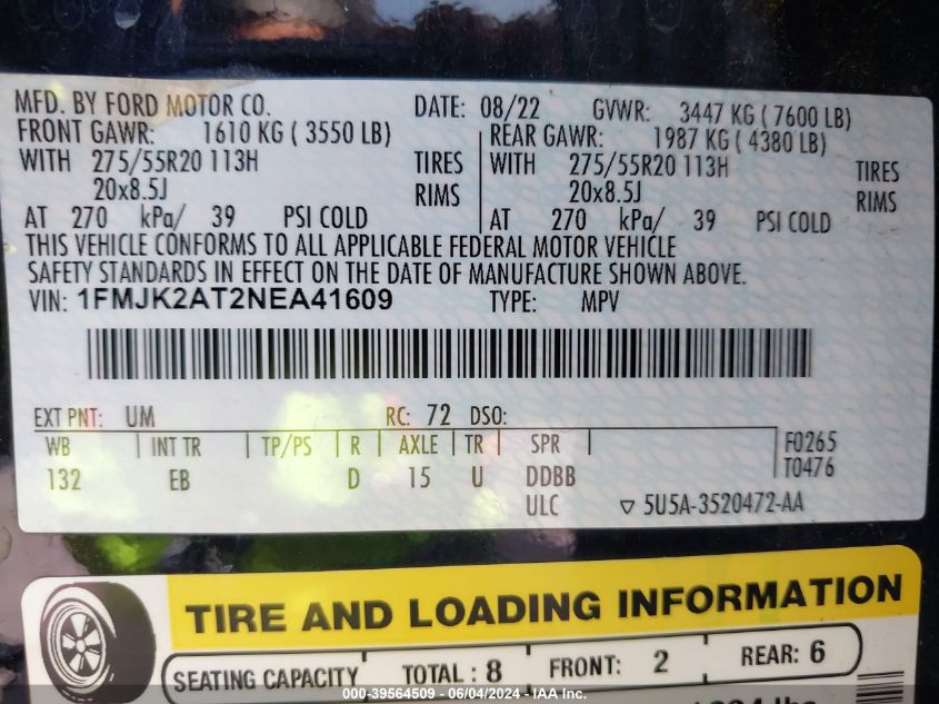 2022 Ford Expedition Limited Max VIN: 1FMJK2AT2NEA41609 Lot: 39564509