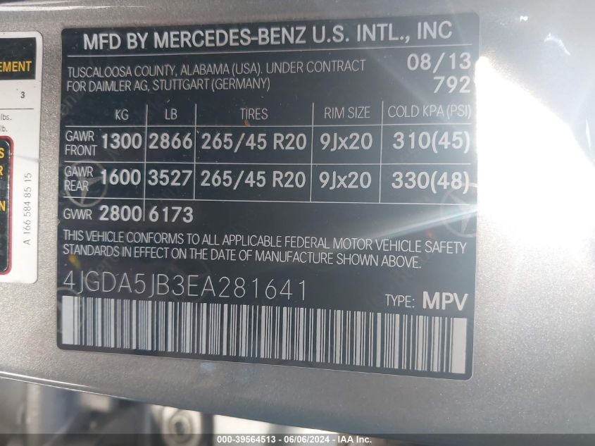 2014 Mercedes-Benz Ml 350 VIN: 4JGDA5JB3EA281641 Lot: 39564513