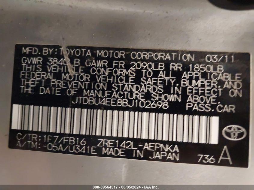 2011 Toyota Corolla Le VIN: JTDBU4EE8BJ102698 Lot: 39564517