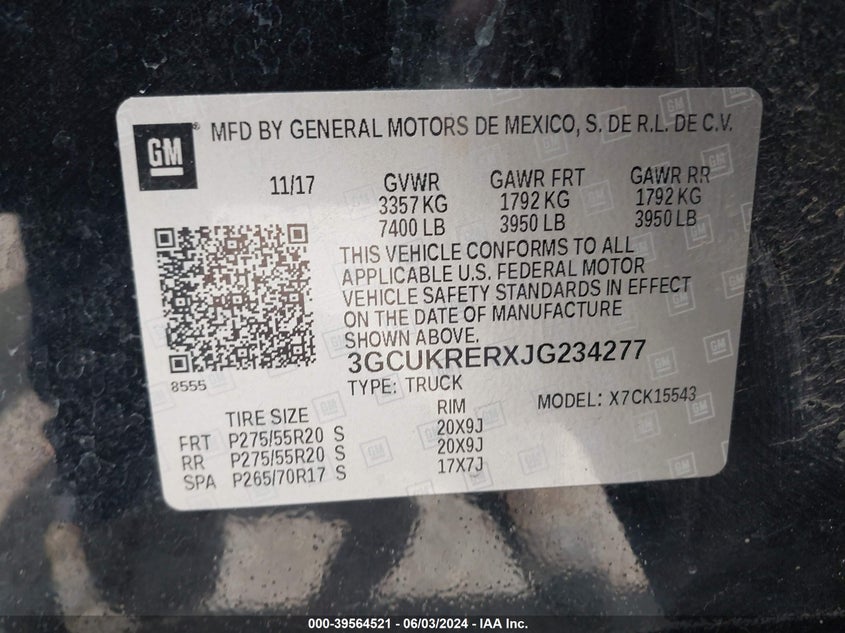 2018 Chevrolet Silverado 1500 1Lt VIN: 3GCUKRERXJG234277 Lot: 39564521