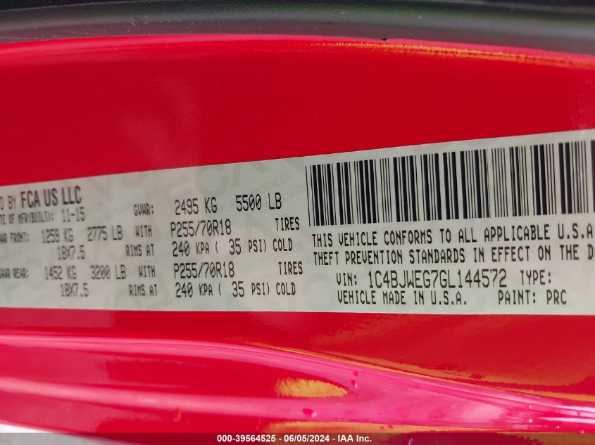 2016 Jeep Wrangler Unlimited Sahara VIN: 1C4BJWEG7GL144572 Lot: 39564525