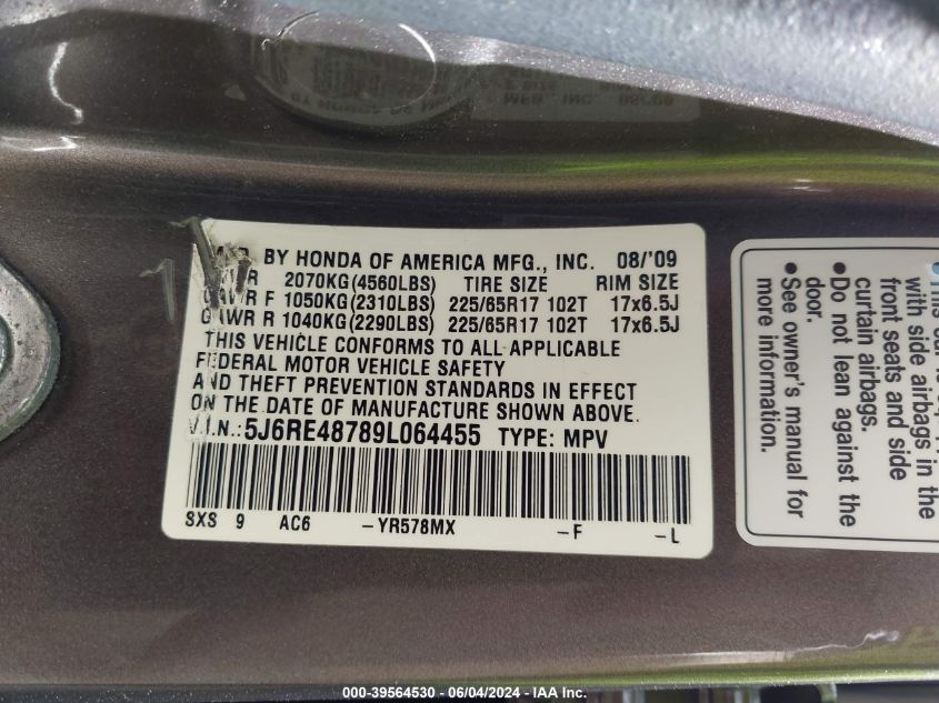 2009 Honda Cr-V Ex-L VIN: 5J6RE48789L064455 Lot: 39564530