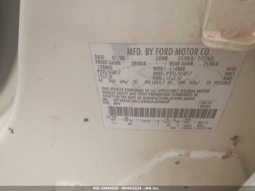 2008 Ford Edge Sel VIN: 2FMDK38C28BA50805 Lot: 39564535