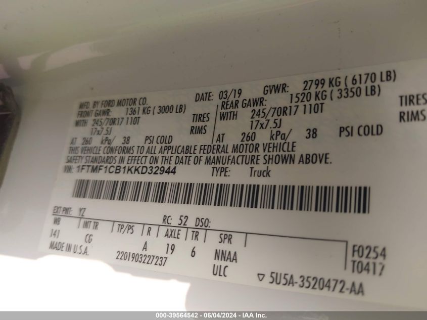 2019 Ford F-150 Xl VIN: 1FTMF1CB1KKD32944 Lot: 39564542