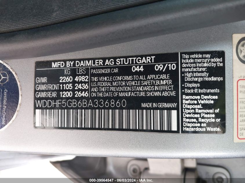 2011 Mercedes-Benz E 350 VIN: WDDHF5GB6BA336860 Lot: 39564547