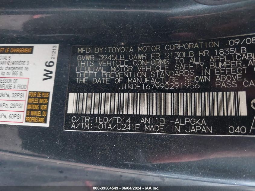 2009 Scion Tc VIN: JTKDE167990291956 Lot: 39564549