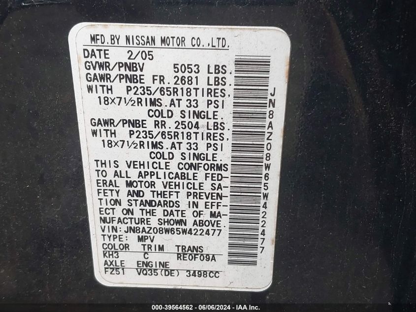 2005 Nissan Murano Sl VIN: JN8AZ08W65W422477 Lot: 39564562