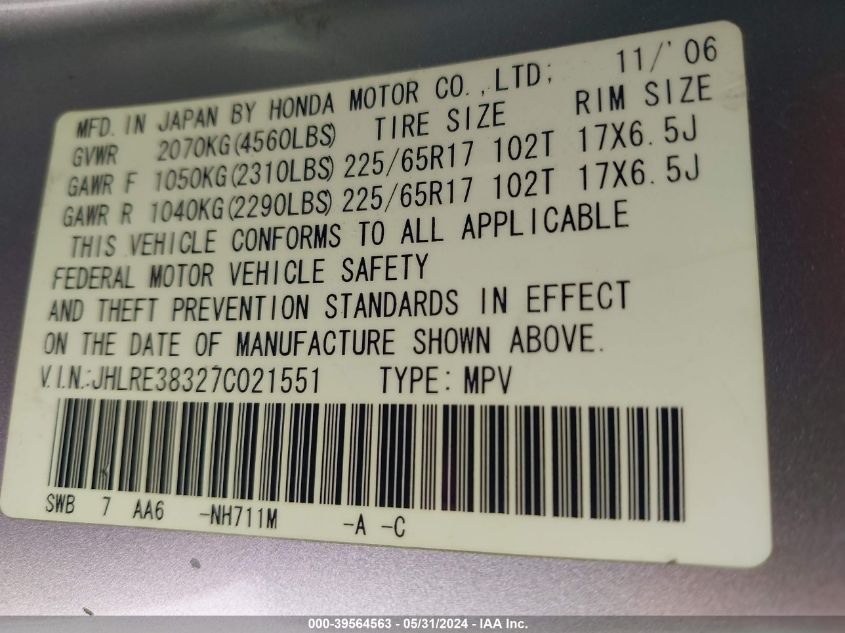 2007 Honda Cr-V Lx VIN: JHLRE38327C021551 Lot: 39564563