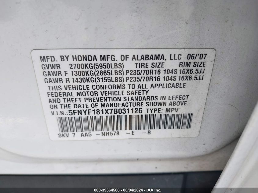 2007 Honda Pilot Lx VIN: 5FNYF181X7B031126 Lot: 39564568