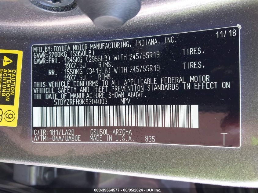 2019 Toyota Highlander Limited VIN: 5TDYZRFH9KS304003 Lot: 39564577