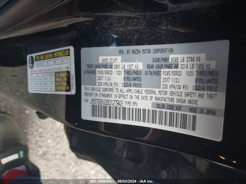 2008 Mazda Cx-9 Grand Touring VIN: JM3TB38V280127943 Lot: 39564581