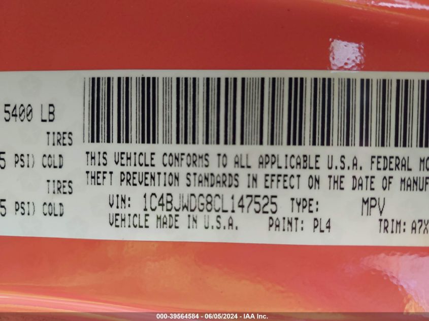 2012 Jeep Wrangler Unlimited Sport VIN: 1C4BJWDG8CL147525 Lot: 39564584