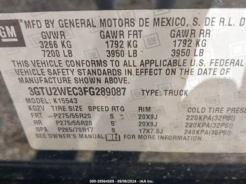 2015 GMC Sierra 1500 Denali VIN: 3GTU2WEC3FG289087 Lot: 39564589