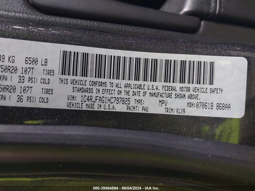 2017 Jeep Grand Cherokee Altitude 4X4 VIN: 1C4RJFAG1HC797825 Lot: 39564594