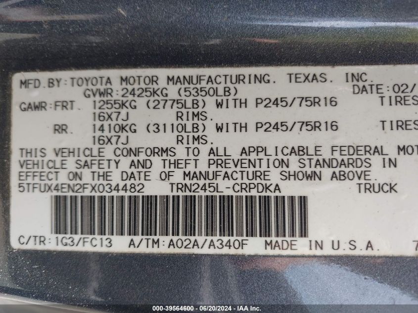 2015 Toyota Tacoma VIN: 5TFUX4EN2FX034482 Lot: 39564600