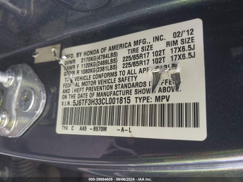 2012 Honda Crosstour 2.4 Ex VIN: 5J6TF3H33CL001815 Lot: 39564609