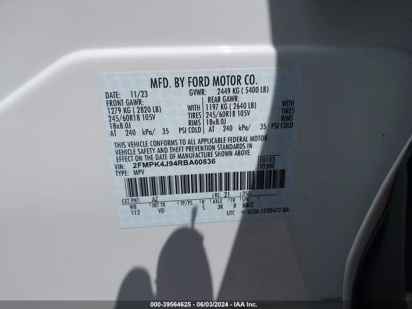 2024 Ford Edge Sel VIN: 2FMPK4J94RBA60836 Lot: 39564625
