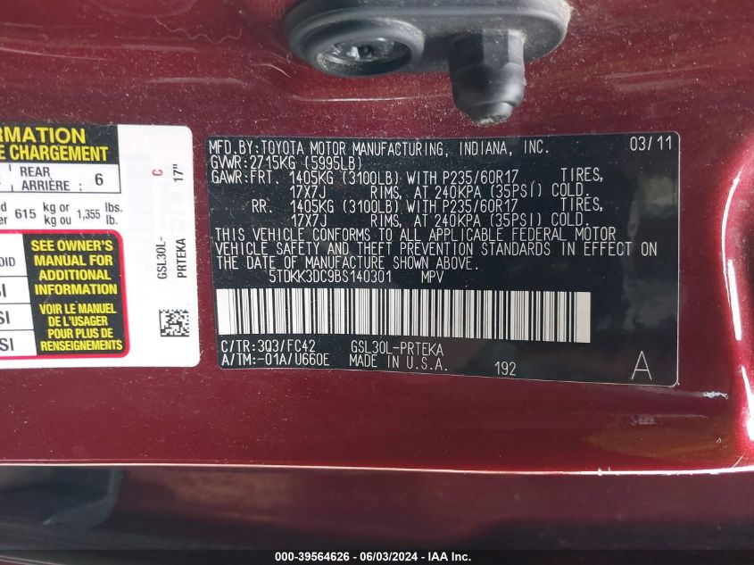 2011 Toyota Sienna Le V6 VIN: 5TDKK3DC9BS140301 Lot: 39564626