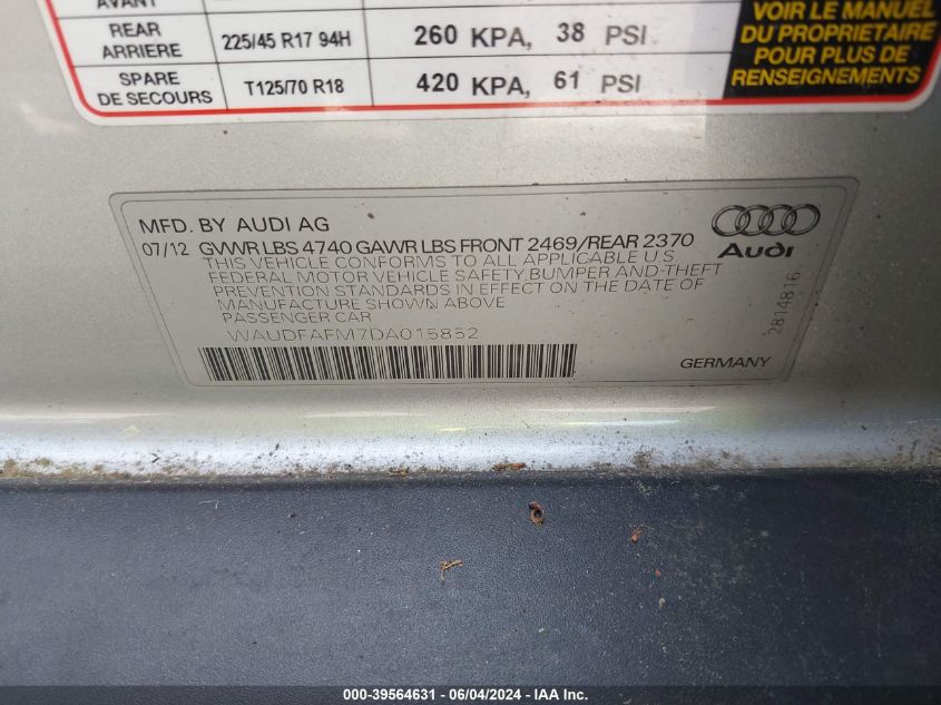 2013 Audi A3 2.0T Premium VIN: WAUDFAFM7DA015852 Lot: 39564631