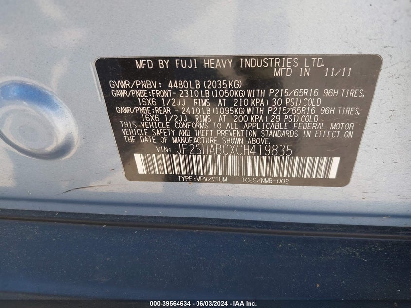 2012 Subaru Forester 2.5X VIN: JF2SHABCXCH419835 Lot: 39564634