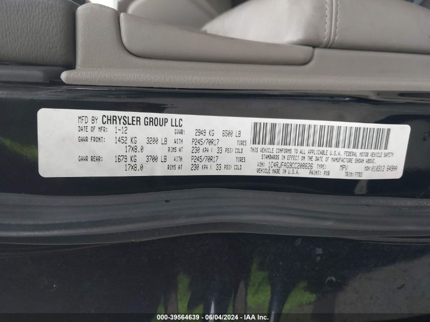 2012 Jeep Grand Cherokee Laredo VIN: 1C4RJFAG9CC208626 Lot: 39564639