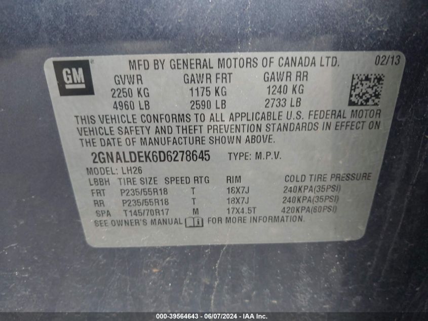 2013 Chevrolet Equinox 1Lt VIN: 2GNALDEK6D6278645 Lot: 39564643