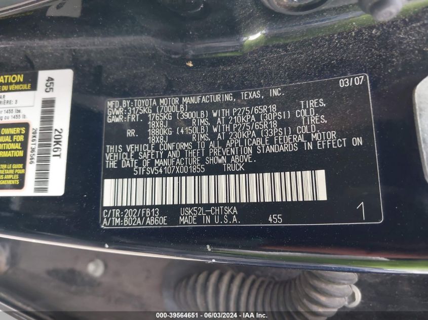 2007 Toyota Tundra Sr5 VIN: 5TFSV54107X001855 Lot: 39564651
