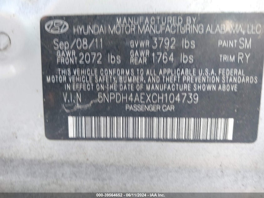 2012 Hyundai Elantra Limited VIN: 5NPDH4AEXCH104739 Lot: 39564652