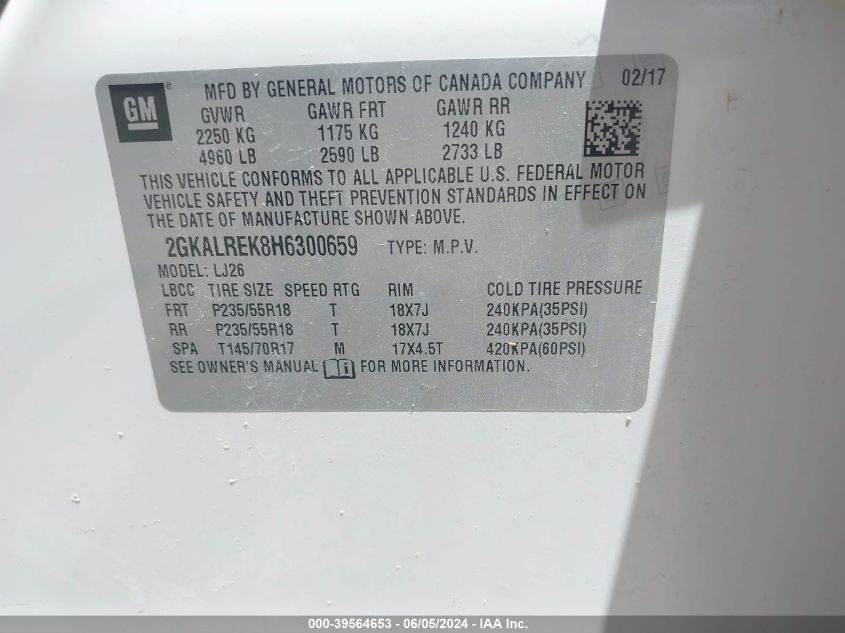 2017 GMC Terrain Denali VIN: 2GKALREK8H6300659 Lot: 39564653