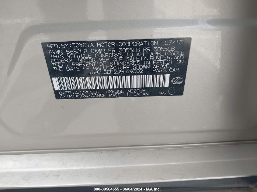 2013 Lexus Ls 460 VIN: JTHCL5EF2D5019302 Lot: 39564655