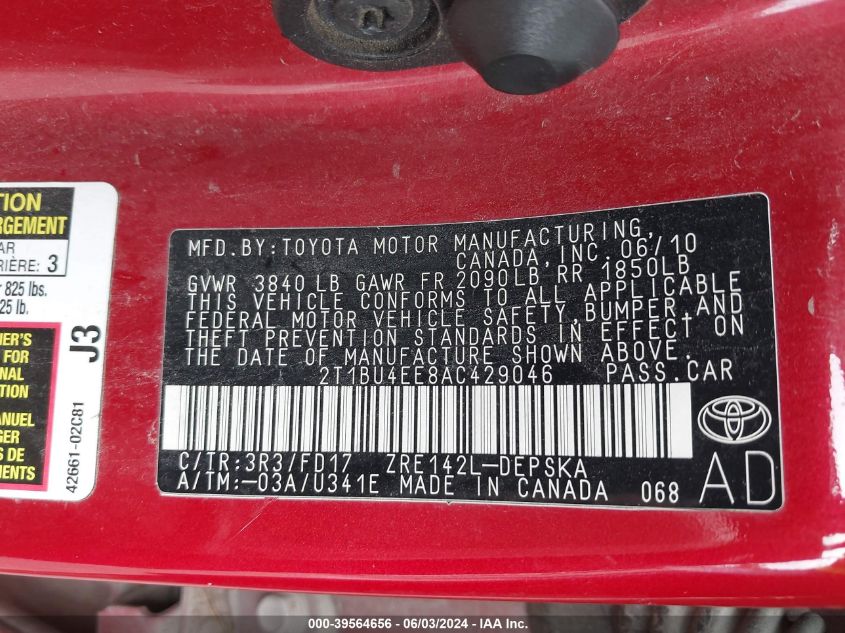 2010 Toyota Corolla S VIN: 2T1BU4EE8AC429046 Lot: 39564656