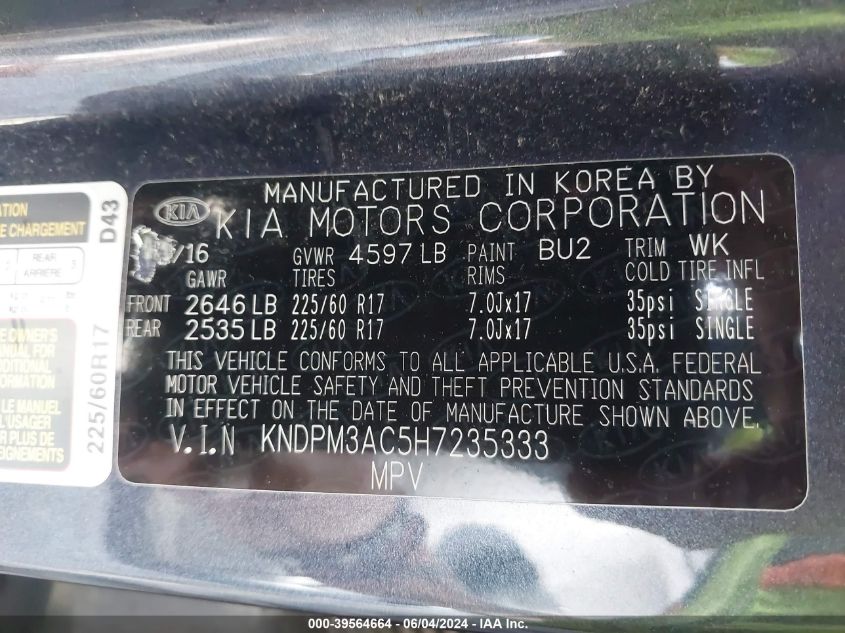 2017 Kia Sportage Lx VIN: KNDPM3AC5H7235333 Lot: 39564664