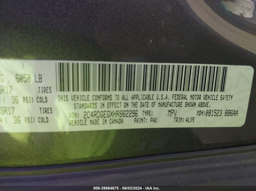 2017 Dodge Grand Caravan Gt VIN: 2C4RDGEGXHR862296 Lot: 39564675