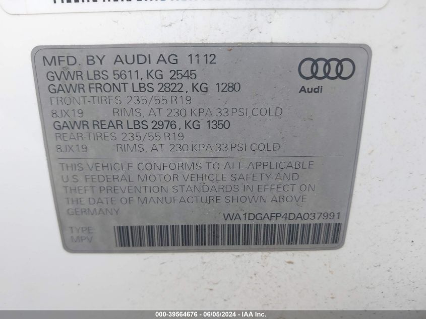 2013 Audi Q5 3.0T Premium Plus VIN: WA1DGAFP4DA037991 Lot: 39564676