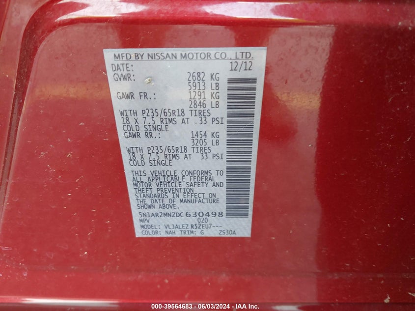 2013 Nissan Pathfinder Sv VIN: 5N1AR2MN2DC630498 Lot: 39564683