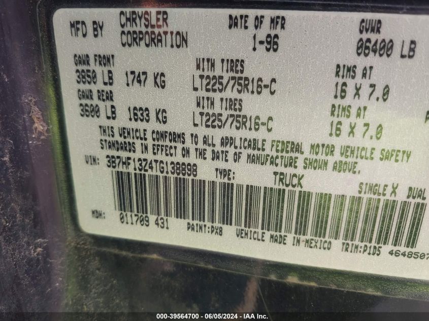 1996 Dodge Ram 1500 VIN: 3B7HF13Z4TG138898 Lot: 39564700