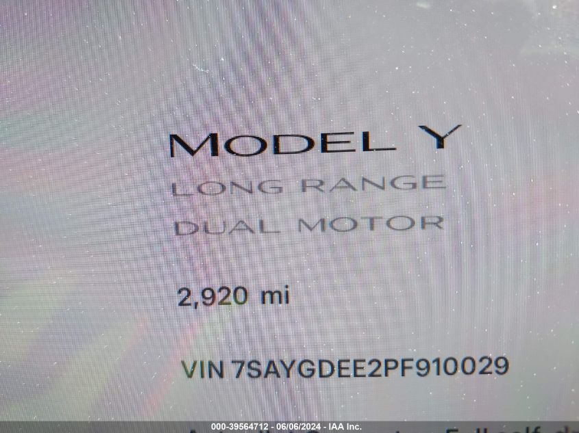 2023 Tesla Model Y Awd/Long Range Dual Motor All-Wheel Drive VIN: 7SAYGDEE2PF910029 Lot: 39564712