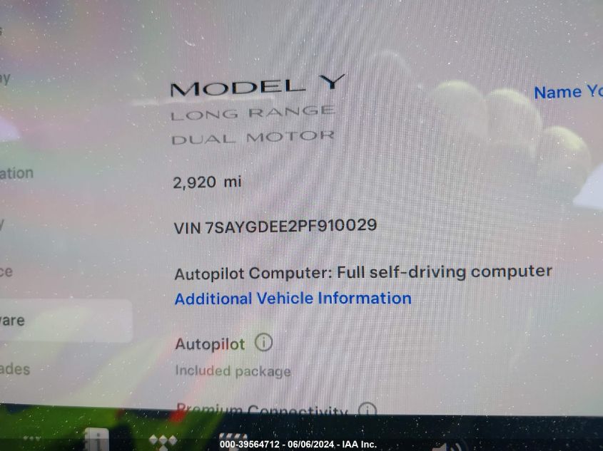 2023 Tesla Model Y Awd/Long Range Dual Motor All-Wheel Drive VIN: 7SAYGDEE2PF910029 Lot: 39564712