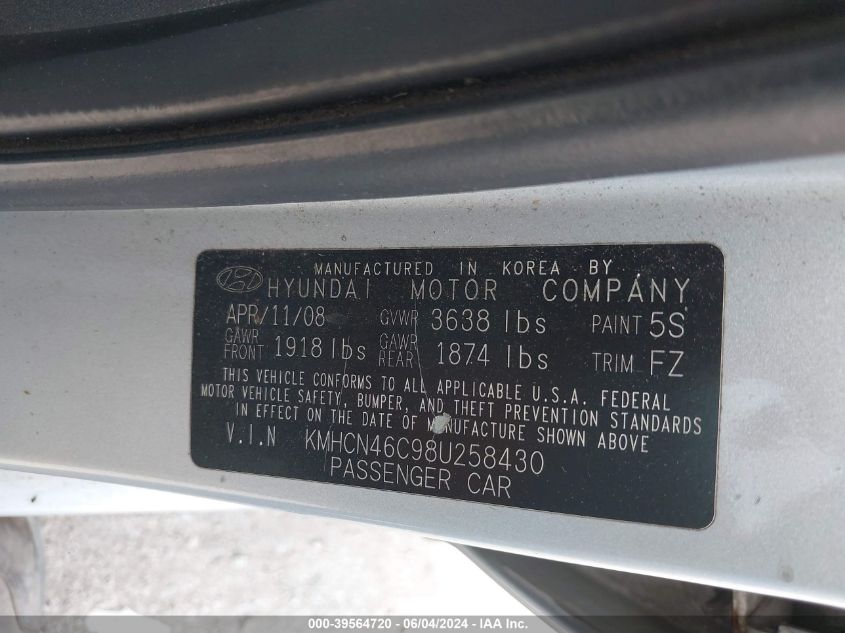 2008 Hyundai Accent Gls VIN: KMHCN46C98U258430 Lot: 39564720