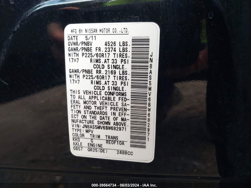 2011 Nissan Rogue Sv VIN: JN8AS5MV6BW682971 Lot: 39564734