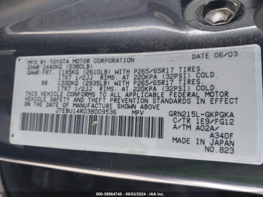 2003 Toyota 4Runner Sr5 V6 VIN: JTEBU14R038009536 Lot: 39564748