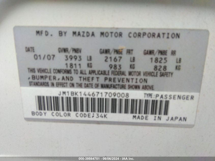 2007 Mazda Mazda3 S Sport VIN: JM1BK144671709008 Lot: 39564751