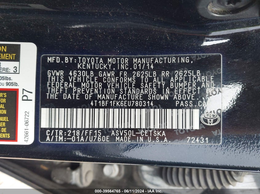 2014 Toyota Camry Se VIN: 4T1BF1FK6EU780314 Lot: 39564765